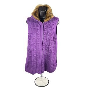 Liz Claiborne Women’s Purple Faux Fur Collar Zip Up Cable Knit Sweater Vest M